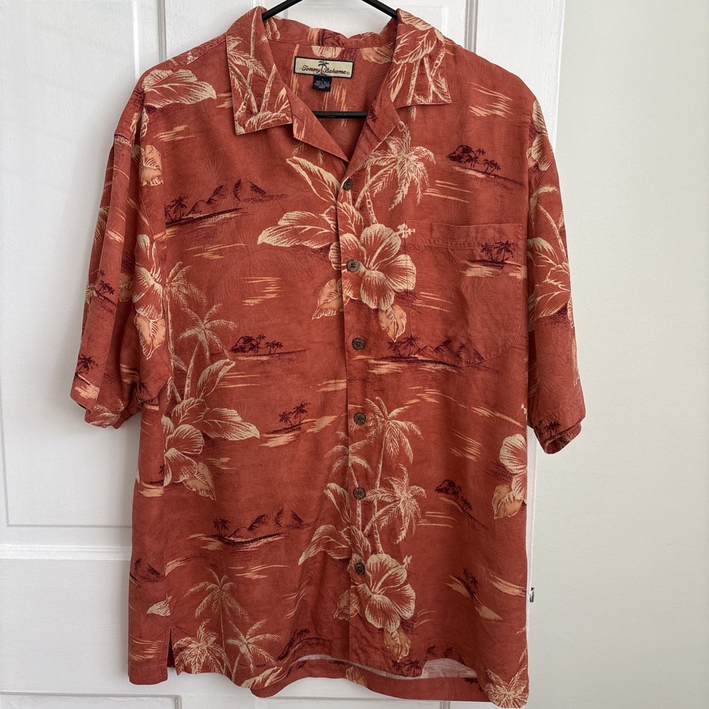 Tommy Bahama Mens Silk Hawaiian Shirt Orange Hibiscus Palm Tree Camp L RN 86549
